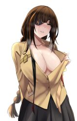  aditdauw black_skirt blush braid breasts brown_eyes brown_hair eyepatch female girls&#039;_frontline highres large_breasts long_hair looking_at_viewer m16a1_(girls&#039;_frontline) mole mole_under_eye multicolored_hair necktie nose_blush open_mouth scar shirt simple_background skirt solo steam sweat yellow_shirt 