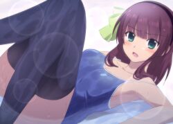  angel_beats! bare_shoulders black_hairband black_thighhighs blue_one-piece_swimsuit blunt_bangs blush bow breasts cleavage collarbone commentary_request convenient_leg dutch_angle eyes_visible_through_hair feet_out_of_frame female foreshortening frown green_bow green_eyes hair_over_shoulder hairband hairbow highres knees_together_feet_apart legs lelie_(lelie_link) lens_flare looking_at_viewer lying medium_breasts medium_hair nakamura_yuri on_back one-piece_swimsuit open_mouth purple_hair simple_background solo straight_hair swimsuit thighhighs v-shaped_eyebrows wet white_background 