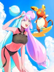  alolan_raichu artist_name bare_arms bare_legs bare_shoulders bikini blue_hair bow-shaped_hair breasts character_hair_ornament female grey_bikini hair_ornament hand_on_own_knee highres iono_(pokemon) long_hair low-tied_long_hair magnemite midriff mouse_(animal) multicolored_hair no_jacket open_mouth pink_hair pokemon pokemon_(creature) pokemon_sv sharp_teeth smile split-color_hair swimsuit teeth twitter_username v-shaped_eyebrows woppero_prpr x 