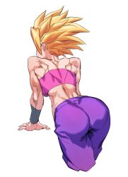  ass ass_focus back baggy_pants big_hair caulifla commentary dragon_ball dragon_ball_super female from_behind highres muscular muscular_female pants pink_tube_top purple_pants saiyan simple_background solo spiked_hair strapless super_saiyan tube_top white_background wristband zequung 