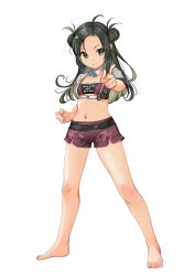  absurdres ahoge bandeau barefoot black_hair blue_bow blue_bowtie bow bowtie clenched_hand colored_inner_hair commentary_request cropped_jacket detached_sleeves double_bun female forehead full_body grey_eyes grey_jacket hair_bun highres index_finger_raised jacket kantai_collection long_hair makinami_(kancolle) midriff multicolored_hair navel parted_lips purple_bandeau purple_shorts race_queen shorts simple_background smile solo white_background yashin_(yasinz) 