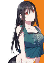  arched_back bare_shoulders black_hair black_pants breasts camisole chihara_mai collarbone commentary_request copyright_notice earrings female frilled_camisole frills green_camisole hair_between_eyes jewelry jirai_nan_desu_ka?_chihara-san long_hair medium_breasts midriff official_art orange_background orange_eyes pants parted_lips ryon_(ryonhei) solo straight_hair three_quarter_view two-tone_background upper_body white_background 