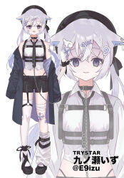  :d animal_ears asymmetrical_legwear bandaged_leg bandages beret black_footwear black_hat black_jacket black_necktie black_panties black_shorts blue_hair breasts cat_ears cat_girl cat_tail closed_mouth collared_shirt commentary_request copyright_request crop_top dress_shirt female fish_skeleton fish_skeleton_hair_ornament grey_eyes grey_hair hair_between_eyes hair_ornament hairclip hat heart heart-shaped_pupils highleg highleg_panties jacket long_hair loose_socks low_twintails midriff miyoshino multicolored_hair multiple_views necktie off_shoulder open_clothes open_jacket panties shirt shoes shorts simple_background single_sock single_thighhigh sleeveless sleeveless_shirt sleeves_past_fingers sleeves_past_wrists small_breasts smile socks streaked_hair symbol-shaped_pupils tail thighhighs twintails twitter_username underwear very_long_hair virtual_youtuber white_background white_shirt white_socks white_thighhighs wing_hair_ornament x_hair_ornament 