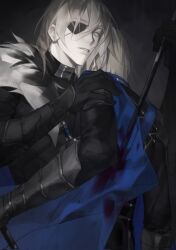  1boy arm_on_another&#039;s_shoulder arm_up armor armored_gloves black_armor black_background black_fur black_gloves black_shirt blonde_hair blood blood_on_clothes blue_cape blue_eyes cape cheek-to-cheek collar cowboy_shot dimitri_alexandre_blaiddyd dual_persona eyepatch fire_emblem fire_emblem:_three_houses fur_trim garreg_mach_monastery_uniform gloves hair_between_eyes head_on_another&#039;s_shoulder heads_together highres holding holding_polearm holding_weapon impaled injury looking_at_viewer lynnn28208524 male_focus metal_collar one_eye_covered polearm shirt side_cape silver_trim simple_background spear stab weapon white_fur 