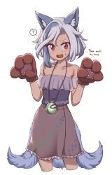  :d animal_ears animal_hands bare_shoulders blush commentary female gloves grey_hair grey_shirt grey_skirt hands_up looking_at_viewer mitsugashira_enoko oerba_yun_fang off-shoulder_shirt off_shoulder open_mouth paw_gloves red_eyes shirt short_hair short_sleeves simple_background skirt smile solo standing touhou white_background wolf_ears wool_(miwol) 