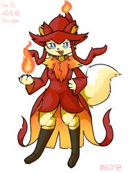  anthro blue_eyes canid canine chinese_text clothing english_text female fire fox fox_tail fur hat headgear headwear hi_res mammal open_mouth pal_(species) palworld pocketpair pogadc red_clothing simple_background solo text white_body white_fur witch_hat wixen 