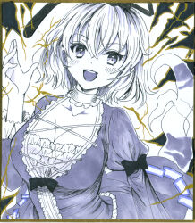  :d adapted_costume breasts choker cleavage comiket_103 cross-laced_clothes dress electricity female frilled_choker frilled_dress frilled_sleeves frills ghost_tail greyscale hajike_akira hat hat_ribbon highres juliet_sleeves large_breasts layered_clothes limited_palette long_sleeves looking_at_viewer medium_hair monochrome ofuda ofuda_on_clothes puffy_sleeves ribbon smile soga_no_tojiko solo tate_eboshi teeth touhou traditional_media upper_teeth_only 