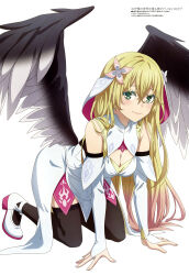  absurdres all_fours black_thighhighs black_wings blonde_hair breasts china_dress chinese_clothes cleavage cleavage_cutout closed_mouth clothing_cutout crossed_bangs detached_sleeves dress feathered_wings female flower green_eyes hair_between_eyes hair_flower hair_ornament high_heels highres long_hair looking_at_viewer magazine_scan medium_breasts megami_magazine naze_boku_no_sekai_wo_daremo_oboeteinai_no_ka? official_art rinne_(naze_boku_no_sekai_wo_daremo_oboeteinai_no_ka?) scan simple_background smile solo thighhighs white_background white_dress white_footwear wings 