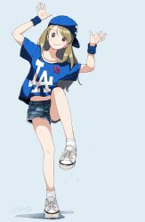  :t baseball_cap blonde_hair blue_background blue_hat blue_panties blue_shirt blue_wristband cutoffs dated denim denim_shorts female hands_up hat highres kokudou_juunigou long_hair los_angeles_dodgers original panties shirt shoes short_shorts shorts sideways_hat simple_background smile sneakers socks solo standing standing_on_one_leg underwear upshorts white_footwear white_socks wristband 