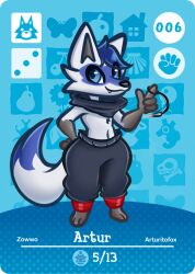  4_fingers amiibo_card anthro arturfox blue_eyes blue_hair bottomwear canid canine card clothing fingers fox hair hi_res male mammal navel pants scarf solo white_body 