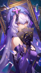  back_peek bare_shoulders black_gloves black_swan_(honkai:_star_rail) breasts card cleavage covered_mouth detached_sleeves dress female from_side gloves hair_between_eyes hebbtia highres holding holding_card honkai:_star_rail honkai_(series) large_breasts long_hair looking_at_viewer purple_dress purple_eyes purple_hair purple_sleeves purple_veil revision signature solo upper_body very_long_hair 