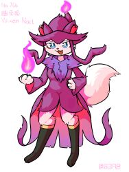  anthro blue_eyes canid canine chinese_text clothing colored_fire english_text female fire fox fox_tail fur ghost_fire hat headgear headwear hi_res mammal open_mouth pal_(species) palworld pocketpair pogadc purple_fire simple_background solo text white_body white_fur witch_hat wixen_noct 