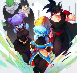  2girls 3boys aeos_(dragon_ball) antennae bald bandana bardock bardock_(xeno) black_dress black_eyes black_hair black_pants black_robe black_shirt blue_eyes blue_hair blue_skin blunt_bangs breasts carrying_clothes colored_skin commentary double_bun dragon_ball dragon_ball_heroes dress eye_contact from_above gloves gold_headdress green_skin hair_bun kaioushin large_breasts looking_at_another looking_to_the_side medium_breasts multiple_boys multiple_girls muscular muscular_male namekian ommmyoh pants piccolo pointy_ears purple_hair red_bandana red_eyes robe saiyan scar scar_across_eye shirt short_hair sleeveless sleeveless_dress sleeveless_shirt sleeveless_turtleneck son_gohan son_gohan_(future) son_gohan_(future)_(xeno) spiked_hair symbol-only_commentary turtleneck vidro_(dragon_ball) white_gloves 