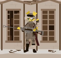  absurd_res anthro broken_window canid canine canis digital_media_(artwork) dog_brained domestic_dog english_text eyewear eyewear_on_head fallout hi_res humanoid looking_at_viewer male mammal microsoft ncr_ranger_(fallout) sharp_teeth solo standing sunglasses sunglasses_on_head teeth teeth_showing text weapon 