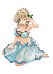  absurdres bikini blonde_hair blue_sarong braid braided_bangs breasts cleavage female full_body hair_intakes highres kantai_collection large_breasts leaf_print looking_at_viewer one_eye_closed perth_(kancolle) perth_(swimsuit_mode)_(kancolle) purple_eyes sarong short_hair simple_background solo striped_bikini striped_clothes swimsuit water white_background yashin_(yasinz) 