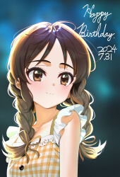  blurry blurry_background braid breasts brown_eyes brown_hair brown_ribbon closed_mouth commentary_request dated depth_of_field dress female hair_ribbon happy_birthday highres idolmaster idolmaster_cinderella_girls low_twintails pettan_p plaid_clothes plaid_dress ribbon sleeveless sleeveless_dress small_breasts smile solo tachibana_arisu twin_braids twintails upper_body 