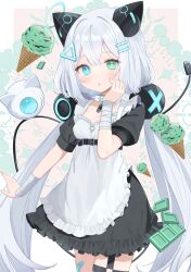  animal_ears apron aqua_hair bandaged_wrist bandages bandaid bandaid_on_leg belt black_belt black_dress blush breasts choker dress female food goma_(u_p) green_eyes grey_hair hair_ornament hairclip heterochromia highres ice_cream long_hair looking_at_viewer mint_chocolate original puffy_sleeves small_breasts solo tail thigh_strap twintails usb white_apron white_choker white_hair 