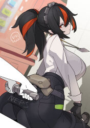  1other ass black_gloves black_hair black_pants breasts closed_mouth female fingerless_gloves from_behind gloves hair_between_eyes highres indoors large_breasts long_hair looking_back metal_hairband multicolored_hair pants ponytail red_eyes red_hair shadow shirt sidelocks sitting solo_focus thighs uusquid white_shirt zenless_zone_zero zhu_yuan 