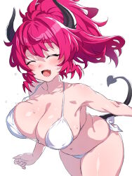  alma_(onsoku_inu) bikini breasts cleavage closed_eyes collarbone commentary_request demon_girl demon_horns demon_tail female hair_intakes highres horns large_breasts leaning_forward long_hair navel onsoku_inu open_mouth original pink_hair ponytail simple_background smile solo standing swimsuit tail thick_eyebrows wet white_background white_bikini 