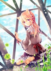  animal_ears bad_id bad_pixiv_id barefoot blonde_hair cat_ears cat_tail dress feet female kazi long_hair long_sleeves looking_back original purple_eyes sitting soles solo tail toes wariza 