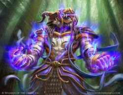  anthro catfolk claws demon detailed_background felid forest glowing hasbro horn john_severin_brassell low-angle_view magic magic:_the_gathering male mammal nature official_art outside plant rakshasa_(magic:_the_gathering) solo text tree tusks url wizards_of_the_coast zoom_lines 