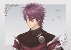  1boy armor artist_name bat_(animal) brown_eyes cape commentary_request deen_(fire_emblem_gaiden) fire_emblem fire_emblem_echoes:_shadows_of_valentia grey_background male_focus one_eye_closed osoramiage purple_hair scar solo upper_body 