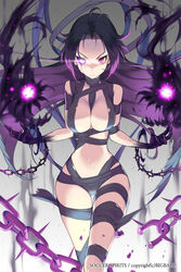  1000marie black_sclera breasts chains cleavage colored_sclera female glowing glowing_eyes gradient_background hip_focus large_breasts long_hair mismatched_sclera naked_ribbon navel parted_bangs purple_eyes purple_hair ravian_(soccer_spirits) ribbon simple_background soccer_spirits solo very_long_hair watermark 