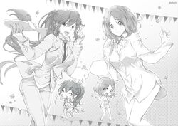  2girls ^_^ amakata_miho bad_id bad_pixiv_id bottomless butler chibi closed_eyes female_butler free! gloves greyscale matsuoka_gou monochrome multiple_girls naked_shirt necktie open_mouth photoshop_(medium) playback ponytail shirt smile sparkle tray tuxedo_shirt 