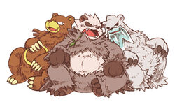  bear beartic bow-wow claws commentary_request fangs leaf no_humans oerba_yun_fang open_mouth panda pangoro pokemon pokemon_(creature) polar_bear simple_background sitting smile ursaring white_background 