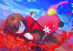  black_flower blue_sky brown_hair cape castle chrysanthemum closed_eyes commentary_request day dress dutch_angle female flower geranium highres hikari50503 lily_(flower) lying on_side pale_skin pantyhose petals red_cape rose rose_petals ruby_rose rwby sky sleeping solo white_flower yellow_flower 