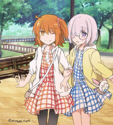  2girls aged_down alternate_costume bag commentary_request dress fate/grand_order fate_(series) fujimaru_ritsuka_(female) handbag hood hooded_jacket jacket mash_kyrielight mash_kyrielight_(senpai_killer_outfit) matching_outfits minafuni multiple_girls official_alternate_costume orange_eyes orange_hair outdoors pantyhose plaid plaid_dress purple_eyes purple_hair red_scrunchie scrunchie short_hair short_ponytail side_ponytail twitter_username 