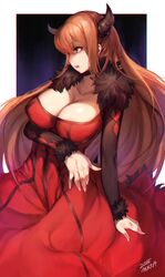  artist_name blood blood_from_mouth breasts choker cleavage commentary_request dated dress female fur_trim highres horns large_breasts long_hair maou_(maoyuu) maoyuu_maou_yuusha mukka open_mouth red_eyes red_hair solo 