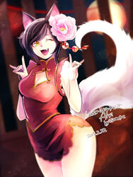  ahri_(league_of_legends) alternate_costume alternate_hairstyle animal_ears breasts china_dress chinese_clothes cleavage commentary_request double_fox_shadow_puppet dress facial_mark fangs female flower fox_ears fox_shadow_puppet fox_tail hair_flower hair_ornament highres league_of_legends looking_at_viewer medium_breasts mizoreame one_eye_closed open_mouth red_dress short_dress solo tail whisker_markings yellow_eyes 