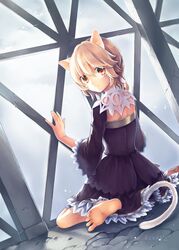  animal_ears bad_id bad_pixiv_id barefoot blonde_hair cat_ears cat_tail dress feet female kazi long_sleeves looking_back orange_eyes original short_hair sitting soles solo tail toes wariza 