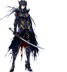  annerose_vajra black_hair breasts erect_nipples female full_body kagami_hirotaka katana koutetsu_no_majo_annerose koutetsu_no_majo_anneroze large_breasts legs lilith-soft long_hair looking_at_viewer sideboob smile solo standing sword weapon yellow_eyes 