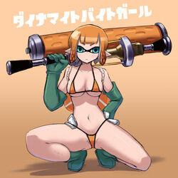  adapted_costume bikini blue_eyes blunt_bangs boots breasts closed_mouth commentary dynamo_roller_(splatoon) elbow_gloves female frown full_body gloves green_footwear green_gloves hand_on_own_hip holding holding_weapon inkling inkling_girl inkling_player_character kurakumo_nue lifebuoy looking_at_viewer medium_breasts micro_bikini navel orange_background orange_bikini orange_hair over_shoulder pointy_ears rubber_boots rubber_gloves salmon_run_(splatoon) shaded_face short_hair solo splatoon_(series) splatoon_2 squatting string_bikini swim_ring swimsuit translated weapon weapon_over_shoulder 