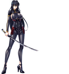  annerose_vajra black_hair breasts erect_nipples female full_body kagami_hirotaka katana koutetsu_no_majo_annerose koutetsu_no_majo_anneroze large_breasts legs lilith-soft long_hair looking_at_viewer sideboob smile solo standing sword weapon yellow_eyes 