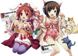  2girls abe_nana absurdres animal animal_ears bare_shoulders black_legwear blush bob_cut breasts brown_hair carrot carrot_necklace cat_ears cat_tail cleavage dress feline food green_eyes hair_ornament headphones highres hiiro_yuki idolmaster idolmaster_cinderella_girls japanese_clothes jewelry kimono long_hair maekawa_miku medium_breasts multiple_girls necklace obi oerba_yun_fang open_mouth paw_pose photoshop_(medium) ponytail rabbit_ears red_eyes red_hair robot sash short_hair short_kimono sitting skirt smile tail thighhighs third-party_edit usa-chan_robot_(idolmaster) vegetable 