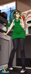  apron brown_hair female glasses green_eyes highres hizzacked long_hair multicolored_hair original self-portrait solo starbucks two-tone_hair 