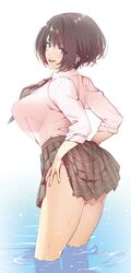  :d arched_back bob_cut breasts brown_eyes brown_hair brown_skirt clothes_lift commentary_request dripping female high-waist_skirt large_breasts lifting_own_clothes long_legs looking_at_viewer miniskirt musha_sabu open_mouth original plaid plaid_skirt pleated_skirt school_uniform see-through see-through_silhouette shirt_tucked_in short_hair skirt skirt_lift sleeves_rolled_up smile solo standing tented_shirt thighs wading 