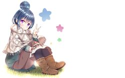  blue_hair boots cape grass purple_eyes shima_rin short_hair wari_(nirodo26) white yuru_camp 