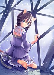  animal_ears bad_id bad_pixiv_id barefoot black_hair blue_eyes cat_ears cat_tail dress feet female kazi long_sleeves looking_back original short_hair sitting soles solo tail toes wariza 