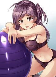  :d ahoge ball blue_background bow bow_panties bra breasts brown_eyes cleavage commentary_request exercise_ball female gradient_background hagikaze_(kancolle) highres kamelie kantai_collection large_breasts leaning_on_ball long_hair looking_at_viewer navel one_side_up open_mouth panties purple_bra purple_hair purple_legwear purple_panties smile solo sweat underwear underwear_only white_background 