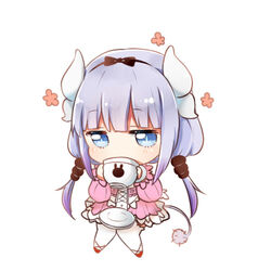  beads blue_eyes blue_hair chibi commentary_request cup dress drinking female flot hair_beads hair_ornament hairband horns kanna_kamui kobayashi-san_chi_no_maidragon long_hair pink_dress ribbon sitting solo tail teacup thighhighs twintails white_thighhighs 