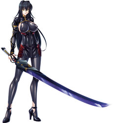  annerose_vajra black_hair breasts erect_nipples female full_body kagami_hirotaka katana koutetsu_no_majo_annerose koutetsu_no_majo_anneroze large_breasts legs lilith-soft long_hair looking_at_viewer sideboob smile solo standing sword weapon yellow_eyes 