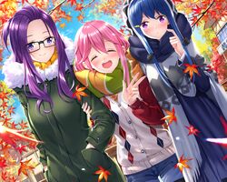  autumn blue_hair blush cropped glasses kagamihara_nadeshiko kagamihara_sakura leaves long_hair pantyhose pink_hair purple_eyes purple_hair scarf shima_rin shorts swordsouls yuru_camp 