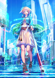  aqua_eyes aqua_footwear aqua_theme belt blind blonde_hair blue_sky blue_theme brown_belt building cane city cloud commentary_request crosswalk day dress english_text female foreshortening full_body hairband high_belt high_tops highres hologram holographic_interface long_hair long_legs looking_at_viewer loose_belt low_twintails monorail nina_(ninageya) no_pupils original outdoors science_fiction shibuya_(tokyo) shoes shrug_(clothing) sky skyscraper sneakers solo tassel tokyo_(city) tree twintails walking white_cane white_dress 