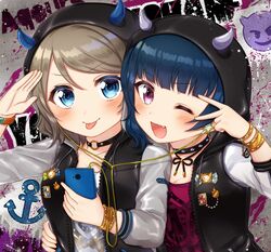  2girls :p ;d anchor_symbol arm_around_waist bad_id bad_pixiv_id badge black_choker black_jacket blue_eyes blue_hair blush bracelet breasts button_badge cellphone choker cleavage collarbone demon_horns earphones emoji grey_hair group_name highres holding holding_phone hood hood_up hooded_jacket horns jacket jewelry long_sleeves looking_at_viewer love_live! love_live!_sunshine!! mkzk_nagi multiple_girls o-ring o-ring_choker oerba_yun_fang one_eye_closed open_mouth paint_splatter phone print_shirt purple_eyes purple_shirt raglan_sleeves salute shared_earphones shirt smartphone smile studded_choker tongue tongue_out tsushima_yoshiko upper_body v-shaped_eyebrows v_over_eye watanabe_you white_shirt 