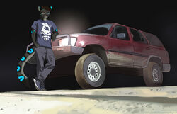  5_fingers angiewolf anthro brown_hair clothed clothing digital_media_(artwork) felid fingers fur grey_body grey_fur hair heterochromia leopard male mammal motor_vehicle pantherine shaded smile solo standing suv toyota toyota_4runner vehicle 