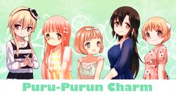  5girls arisugawa_rin black_hair blonde_hair commentary_request copyright_name enjouji_yui hair_ornament hairband highres izayoi_kanon kidanieru long_hair multiple_girls okonogi_tomomi puru_purun_charm short_hair smile usami_hina_(puru_purun_charm) 